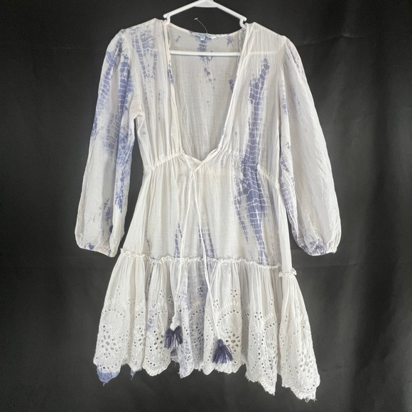blue island Dresses & Skirts - Blue Island Tie Dye Eyelet Mini Dress Womens XS White Blue Tassel Boho Beach